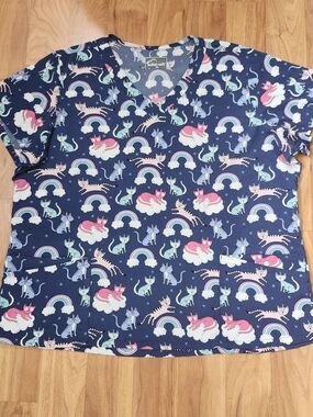 Butter Soft Sz 2XL Navy Blue Cat Unicorn Catacorn Rainbow Scrub Shirt Top Nurse
